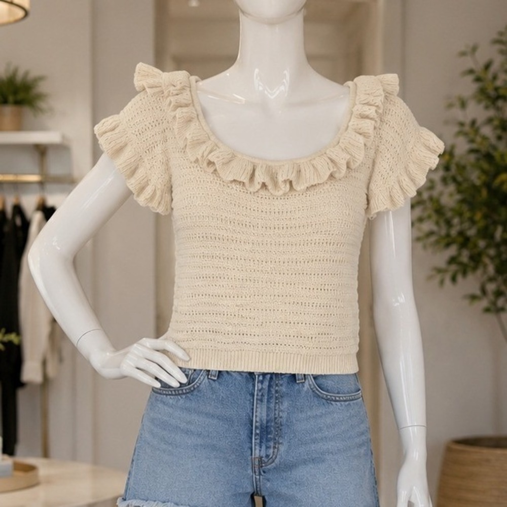 H&M Womens Sweater Top Beige Ruffle Neck Short Sleeve Knit Medium